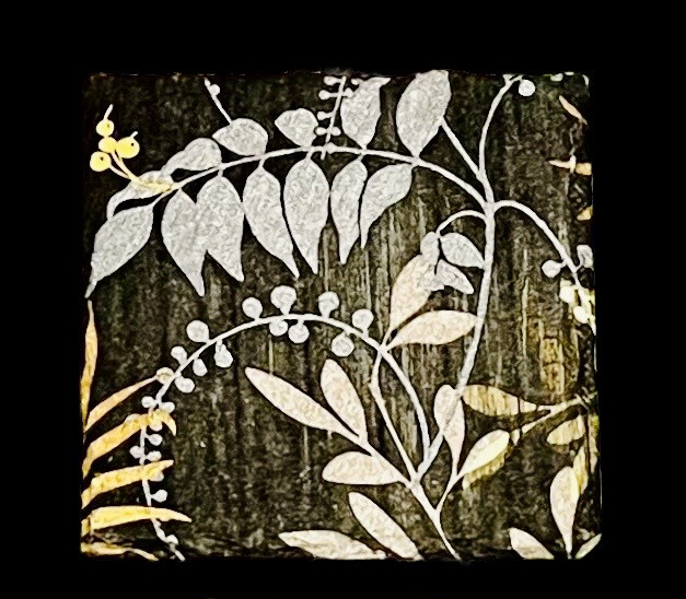 SLATE COASTER SQUARE - GOLD SILVER FOLIAGE ON BLACK
