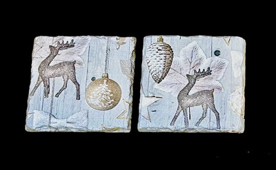 SLATE COASTER SQUARE - DEER/ BAUBLE/ STAR XMAS