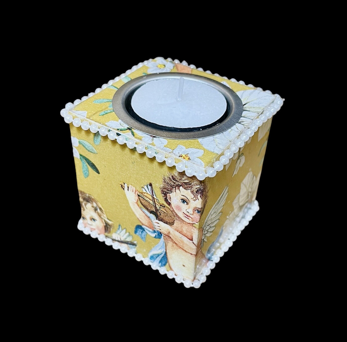 TEALIGHT CUBE - CHERUBS ON GOLD