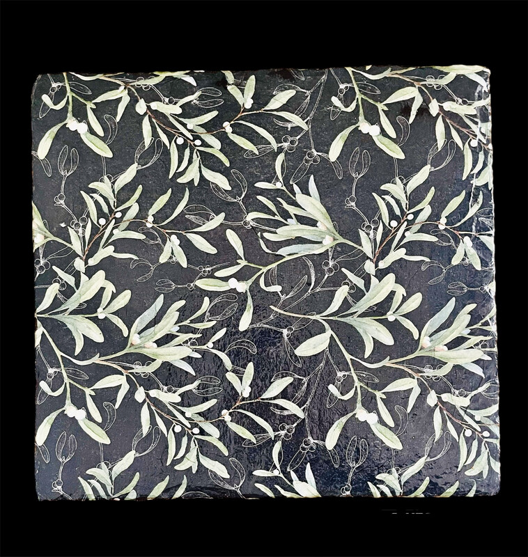 LARGE SLATE DECORATIVE PLATTER - MISTLETOE ON BLACK