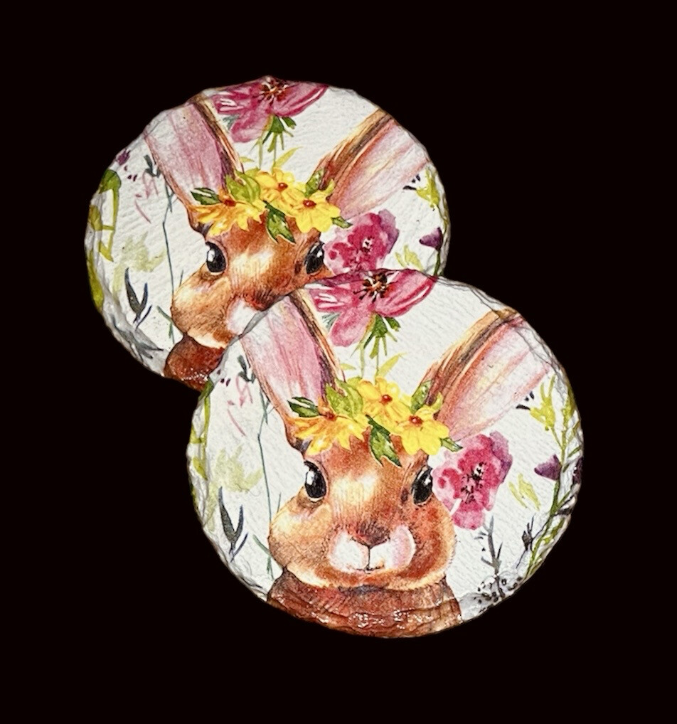 SLATE COASTER ROUND - BUNNY WITH FLOWERS
