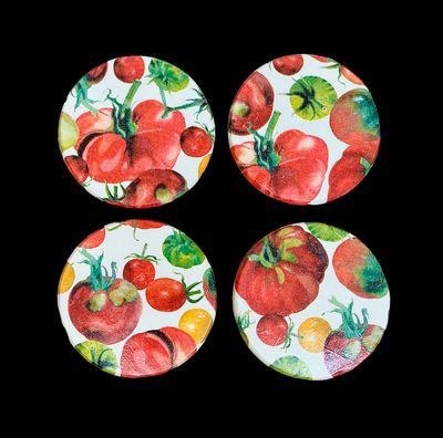 SET OF 4 ROUND WOODEN COASTERS - TOMATOES