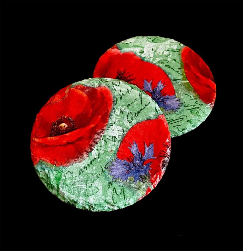 SLATE COASTER ROUND - POPPIES ON GREEN