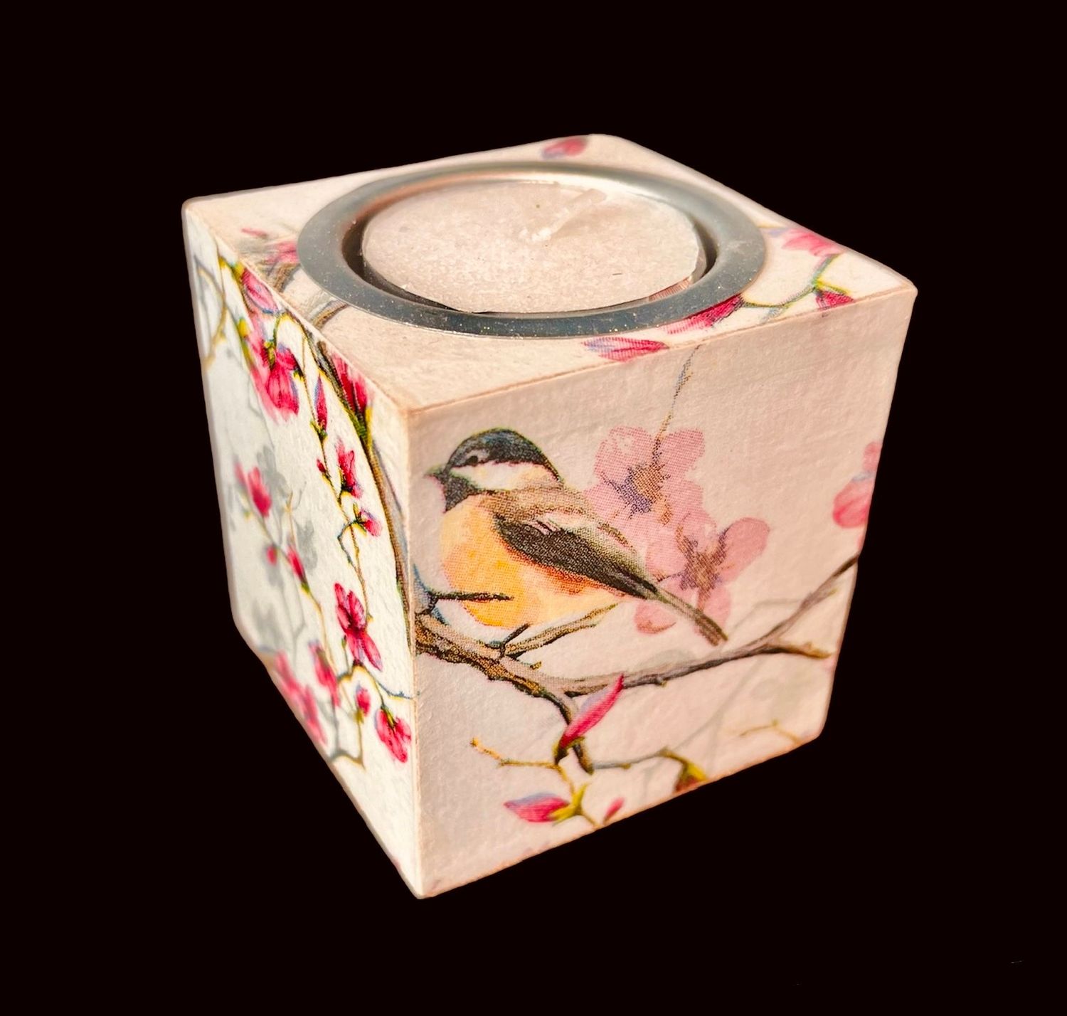 TEALIGHT CUBE - BIRD IN CHERRY BLOSSOM