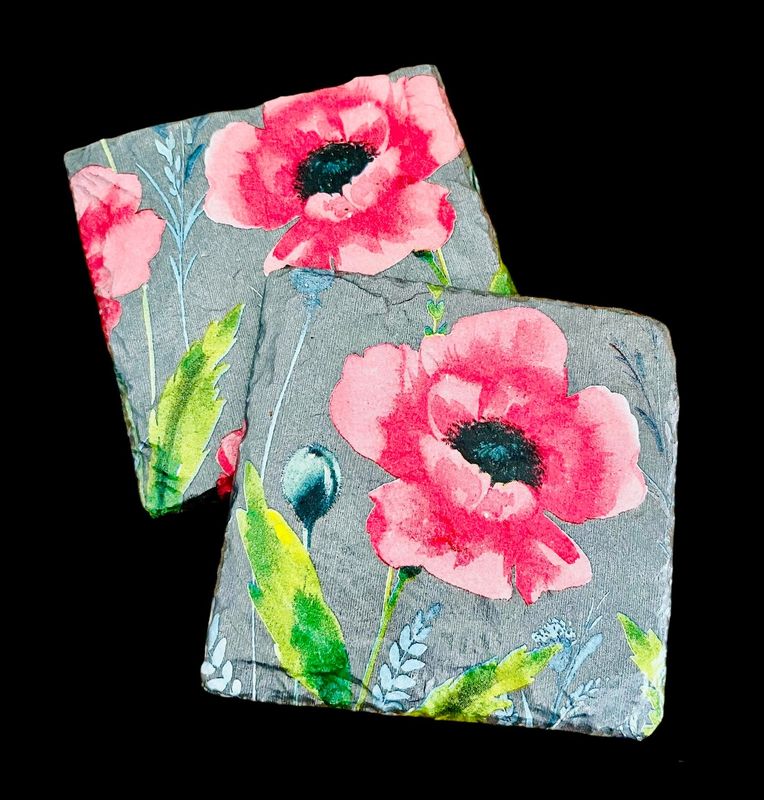 RAW SLATE COASTER SQUARE - POPPIES ON GREY