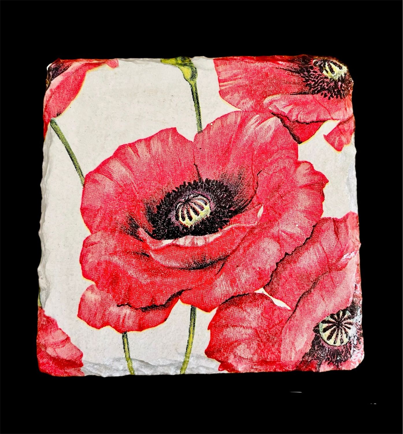 RAW SLATE COASTER SQUARE - POPPIES ON WHITE