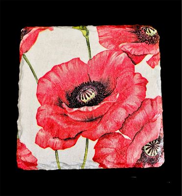 RAW SLATE COASTER SQUARE - POPPIES ON WHITE