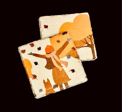 SET OF 2 SLATE COASTERS - AUTUMN GIRL & DOG