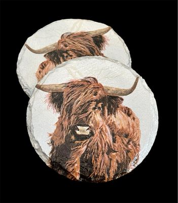 SLATE COASTER ROUND - HIGHLAND COW v2