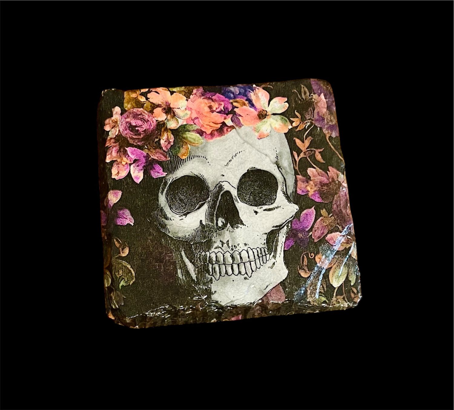 RAW SLATE COASTER SQUARE - SKULL & FLOWERS