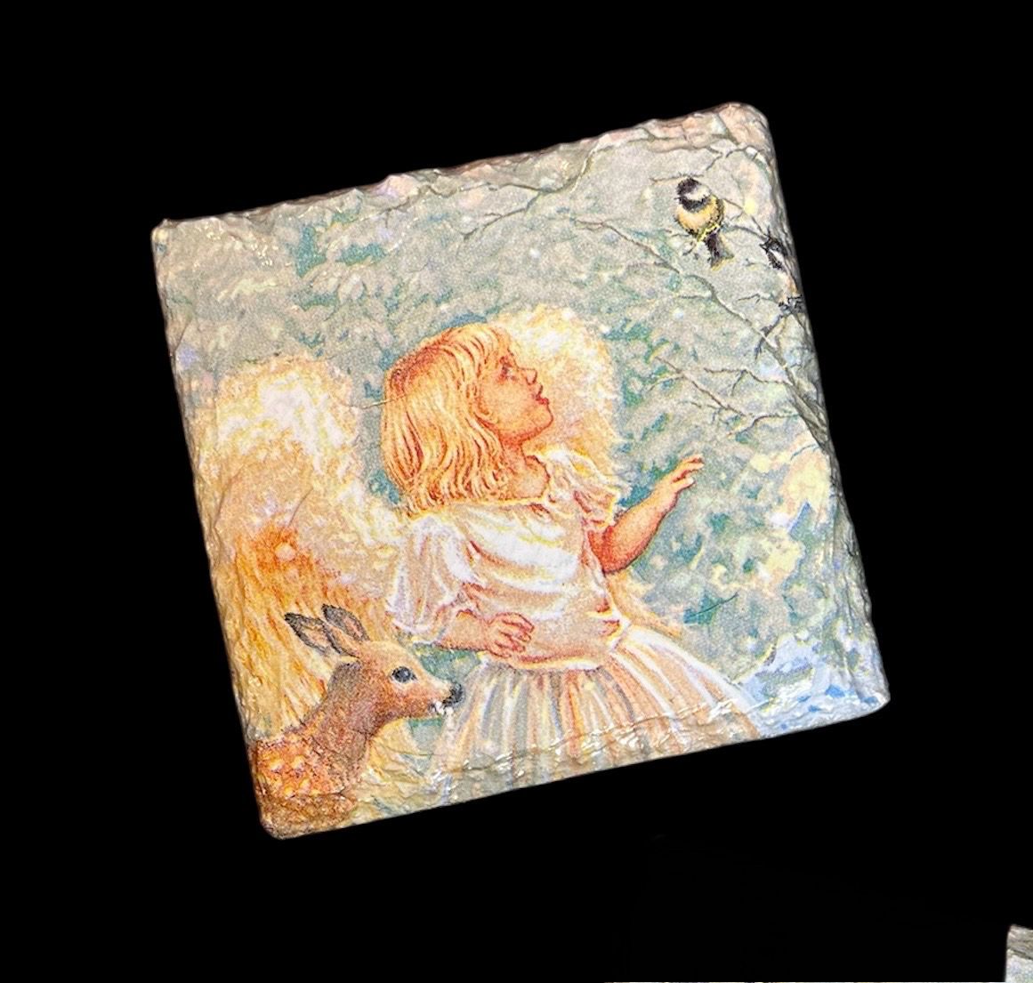 SLATE COASTER SQUARE - XMAS ANGEL GIRL, DEER, & BIRDS