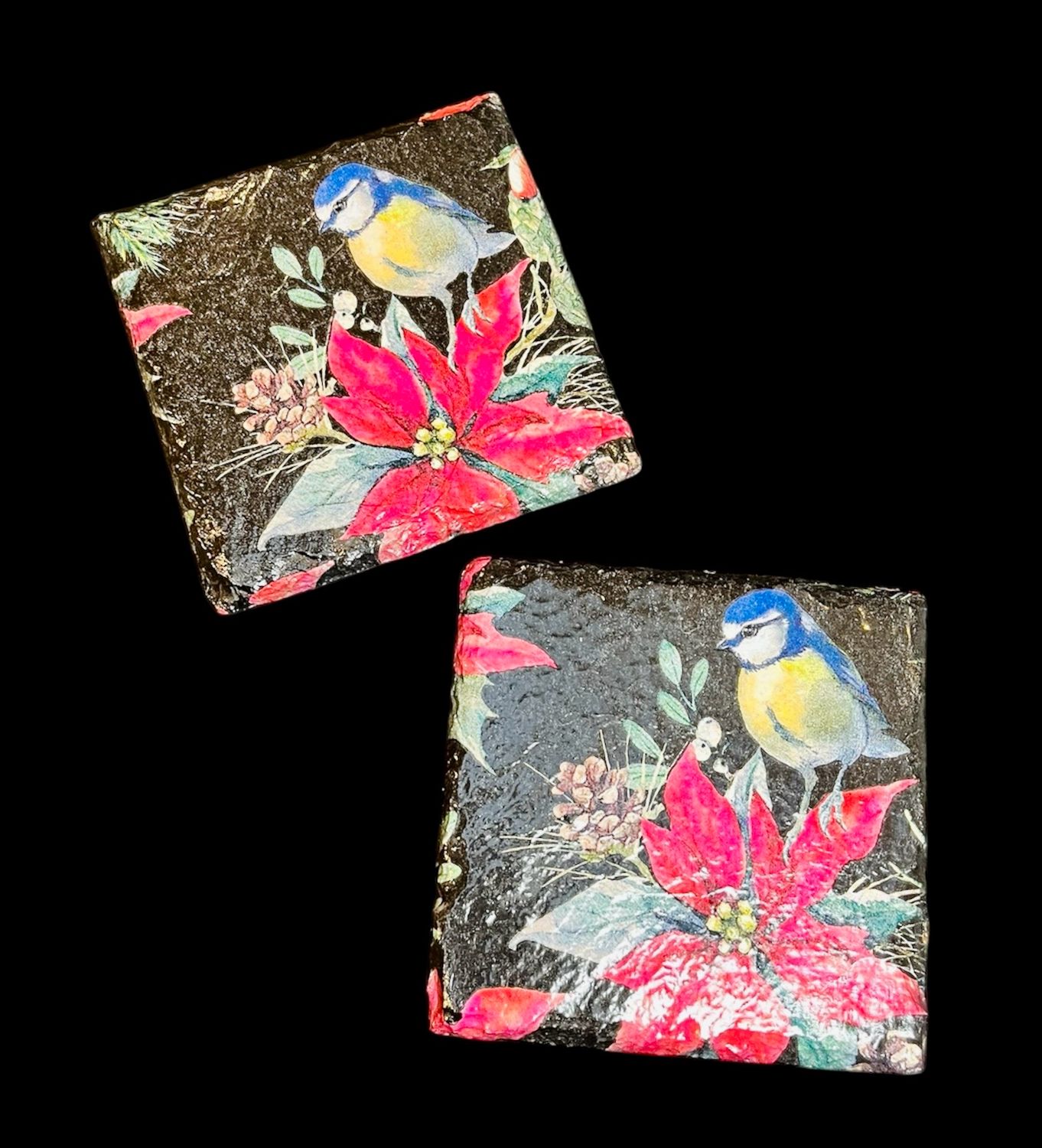 SLATE COASTER SQUARE - BLUE TIT & POINSETTIA