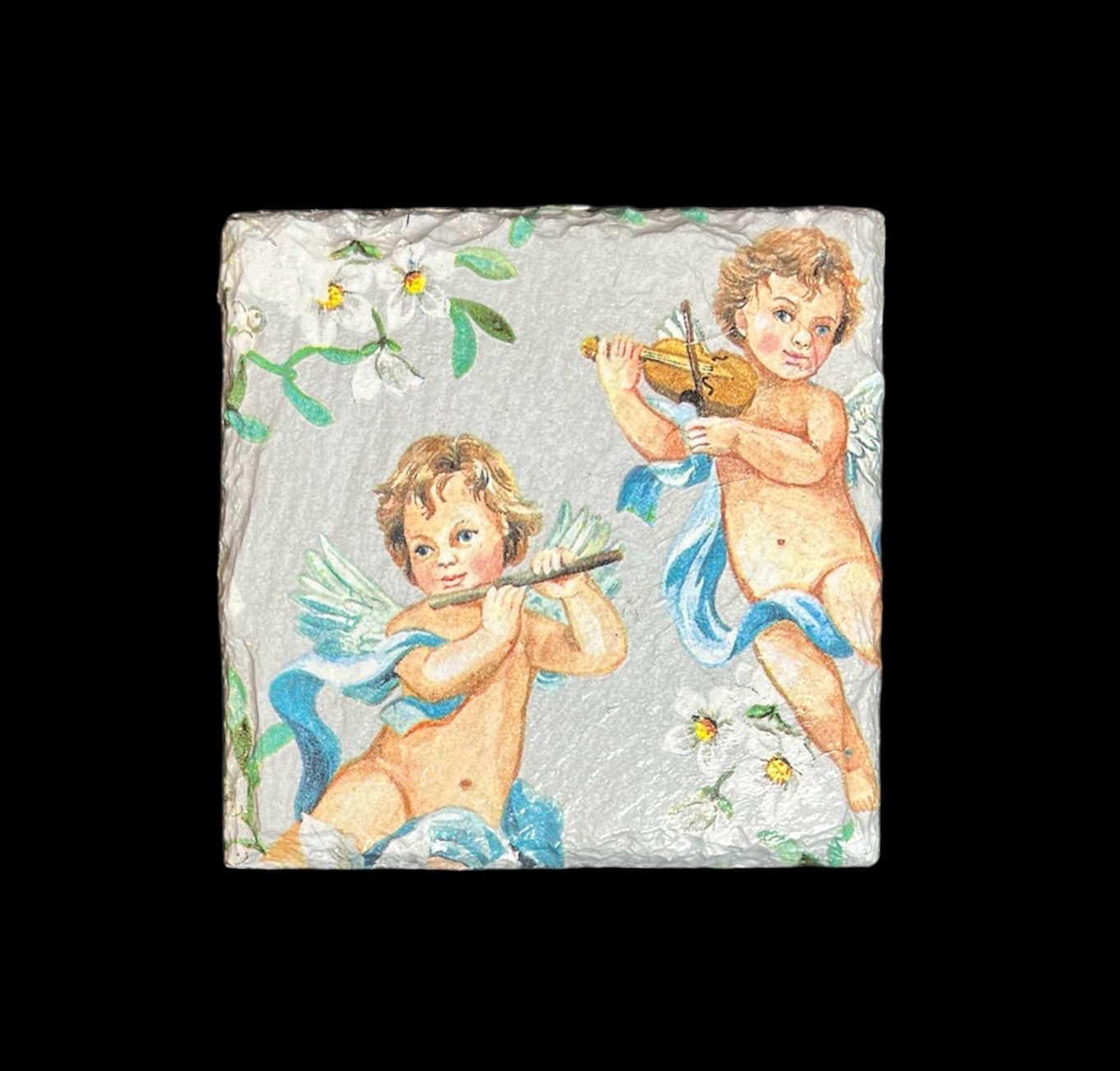 SLATE COASTER SQUARE - CHERUBS SILVER