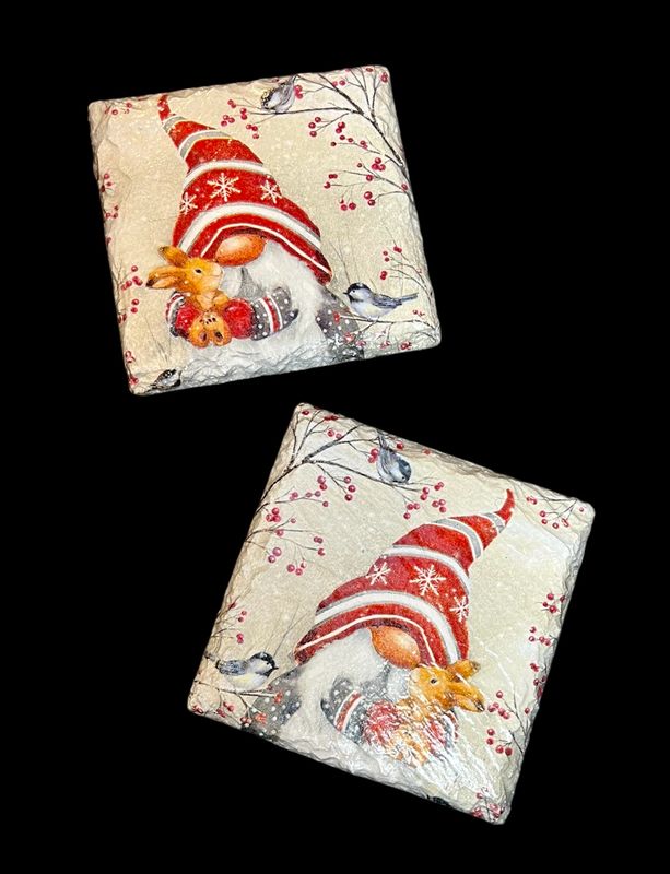 SLATE COASTER SQUARE - XMAS GNOME & RABBIT