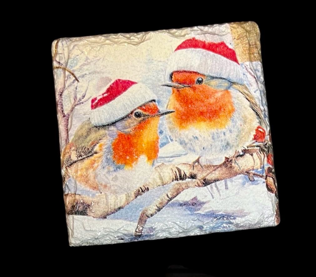 SLATE COASTER SQUARE - ROBINS IN SANTA HATS