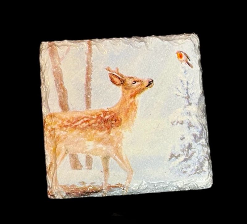 SLATE COASTER SQUARE - DEER & ROBIN