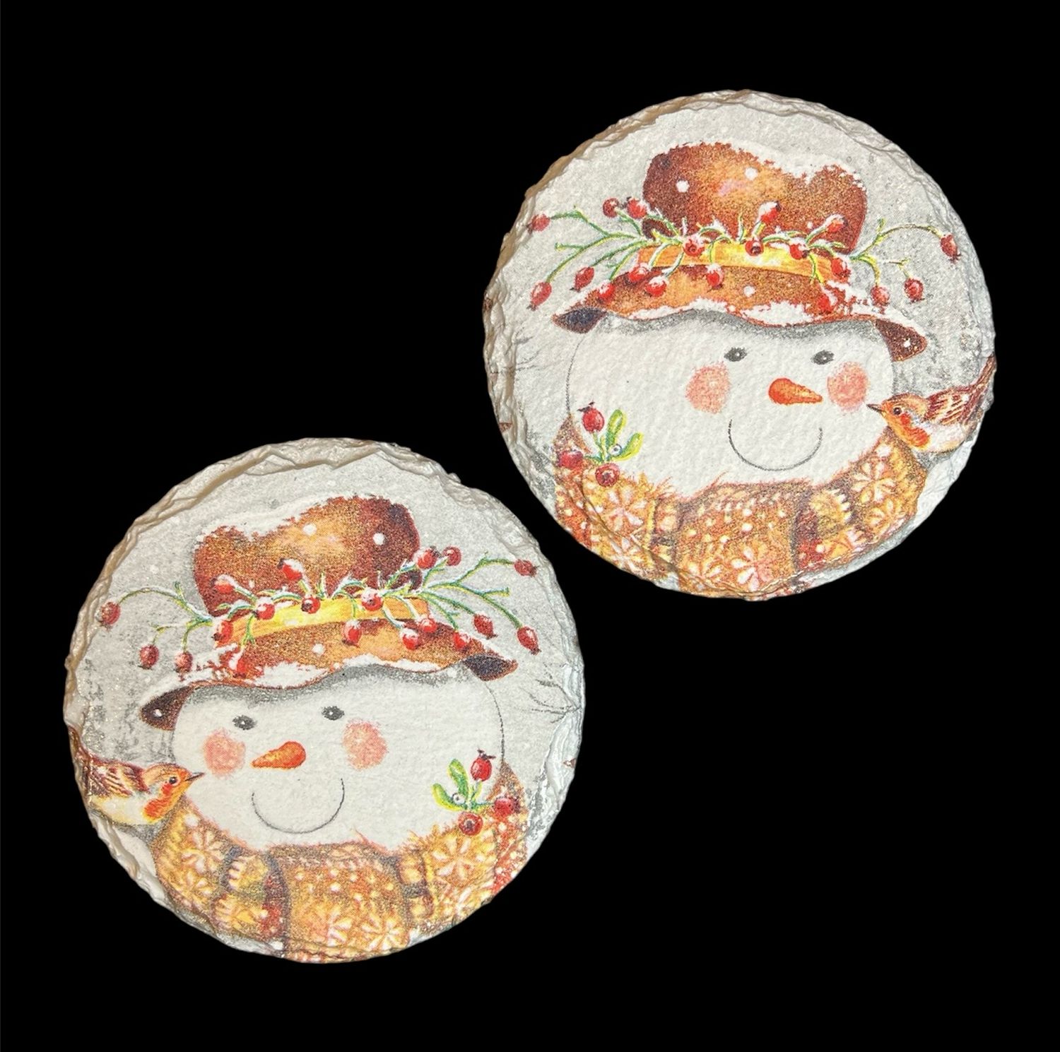 SLATE COASTER ROUND - SNOWMAN & ROBIN