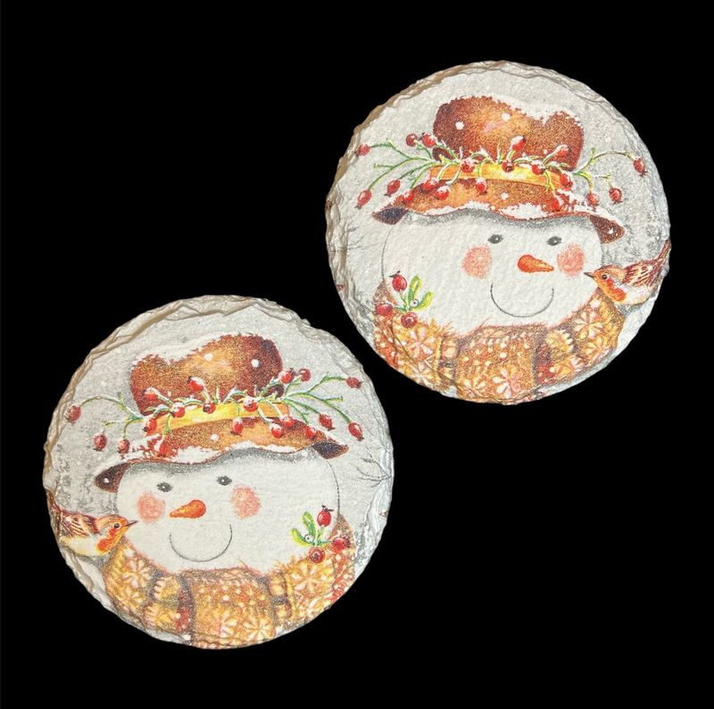SLATE COASTER ROUND - SNOWMAN & ROBIN