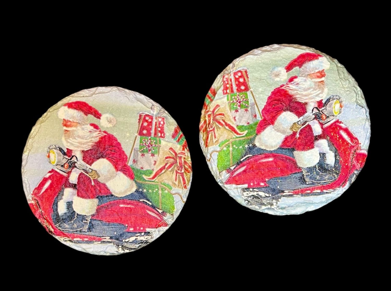 SLATE COASTER ROUND - SANTA ON MOPED