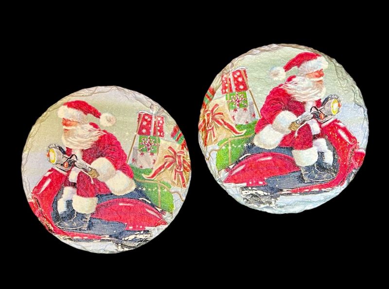 SLATE COASTER ROUND - SANTA ON MOPED