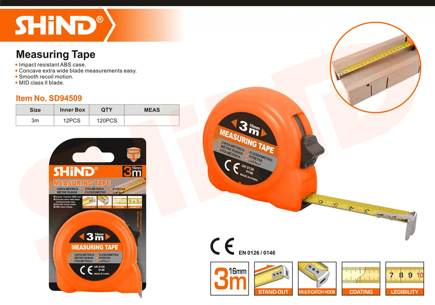 Shind Measuring Tape High-Quality Auto Lock, Size: 3m