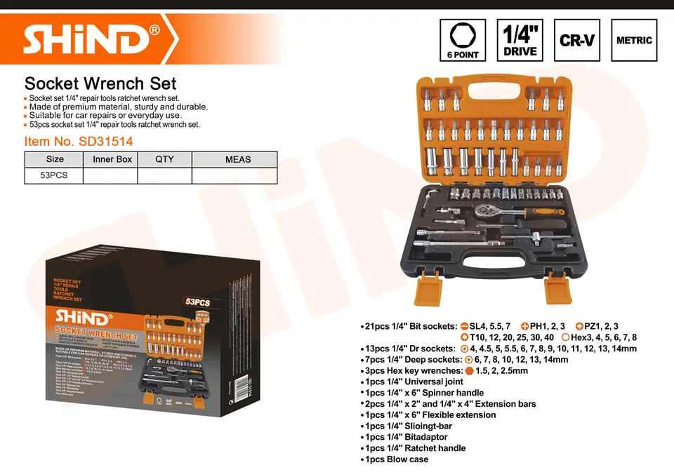 Shind-1/4&quot; Drive 53 pcs Ratchet Wrench Socket Set