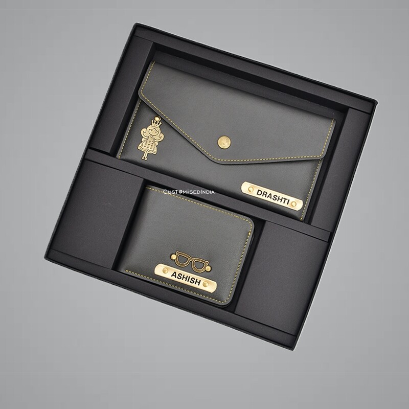 Grey Customised Couple Wallet Combo