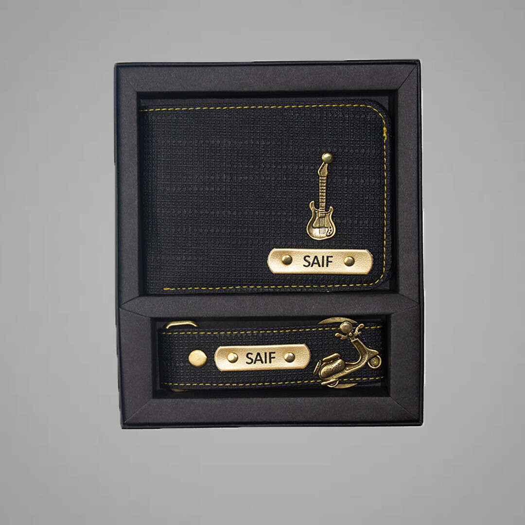 Black Denim Customised Wallet + Keychain Combo
