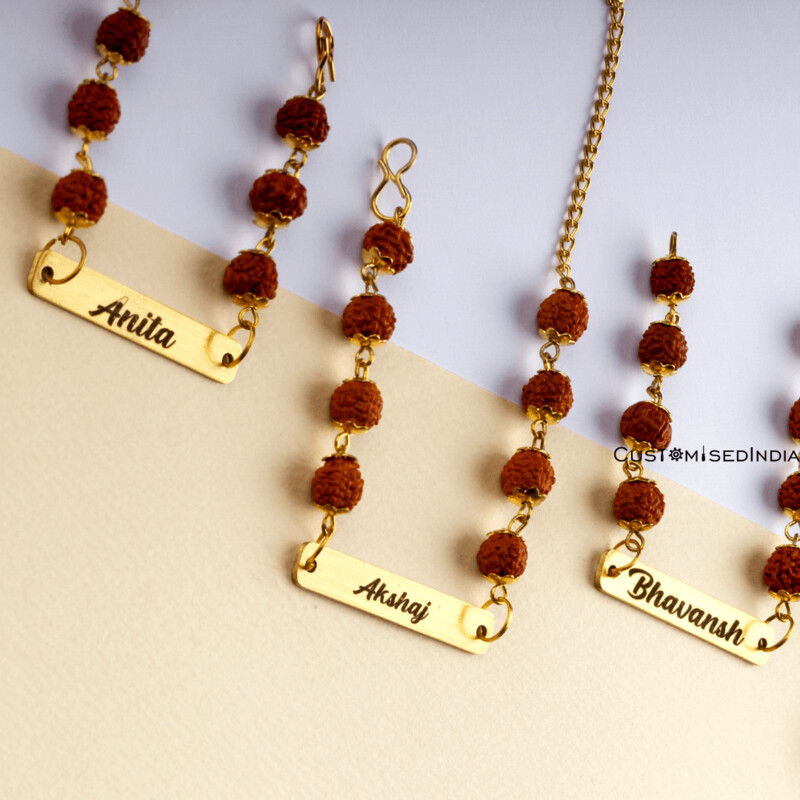 Customised Metal Rakhi with Rudraksha (Set of 3 Rakhis)