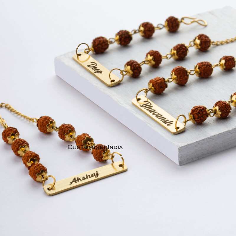 Customised Metal Rakhi with Rudraksha (Set of 4 Rakhis)