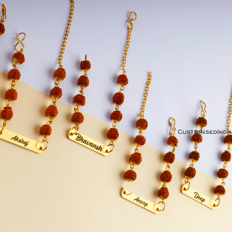 Customised Metal Rakhi with Rudraksha (Set of 5 Rakhis)