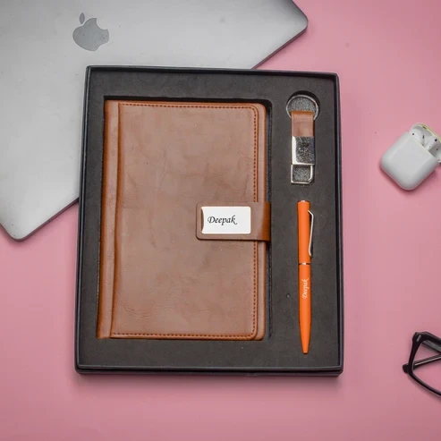 Tan Executive Diary, Pen, Keychain Combo