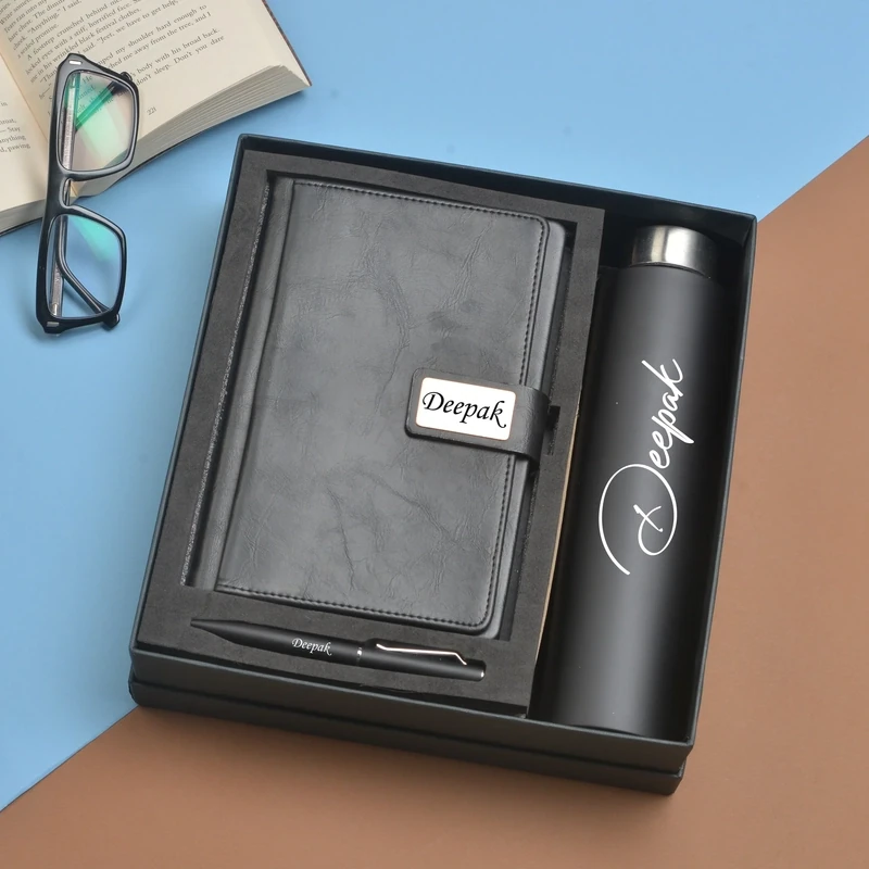 Black Customised Diary, Bottle &amp; Pen Combo