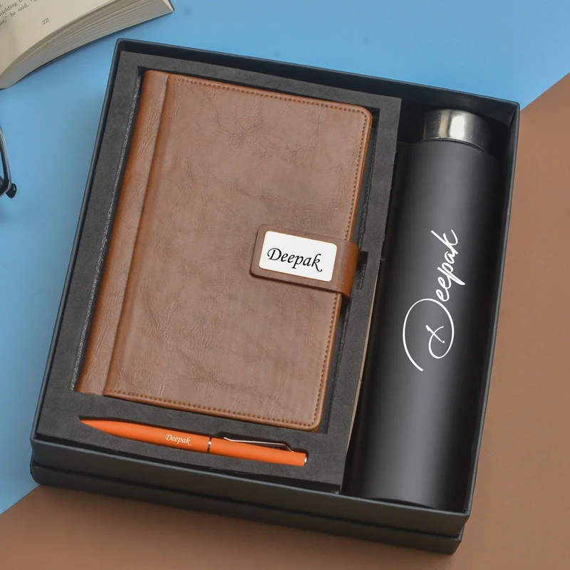 Brown Customised Diary, Bottle &amp; Pen Combo