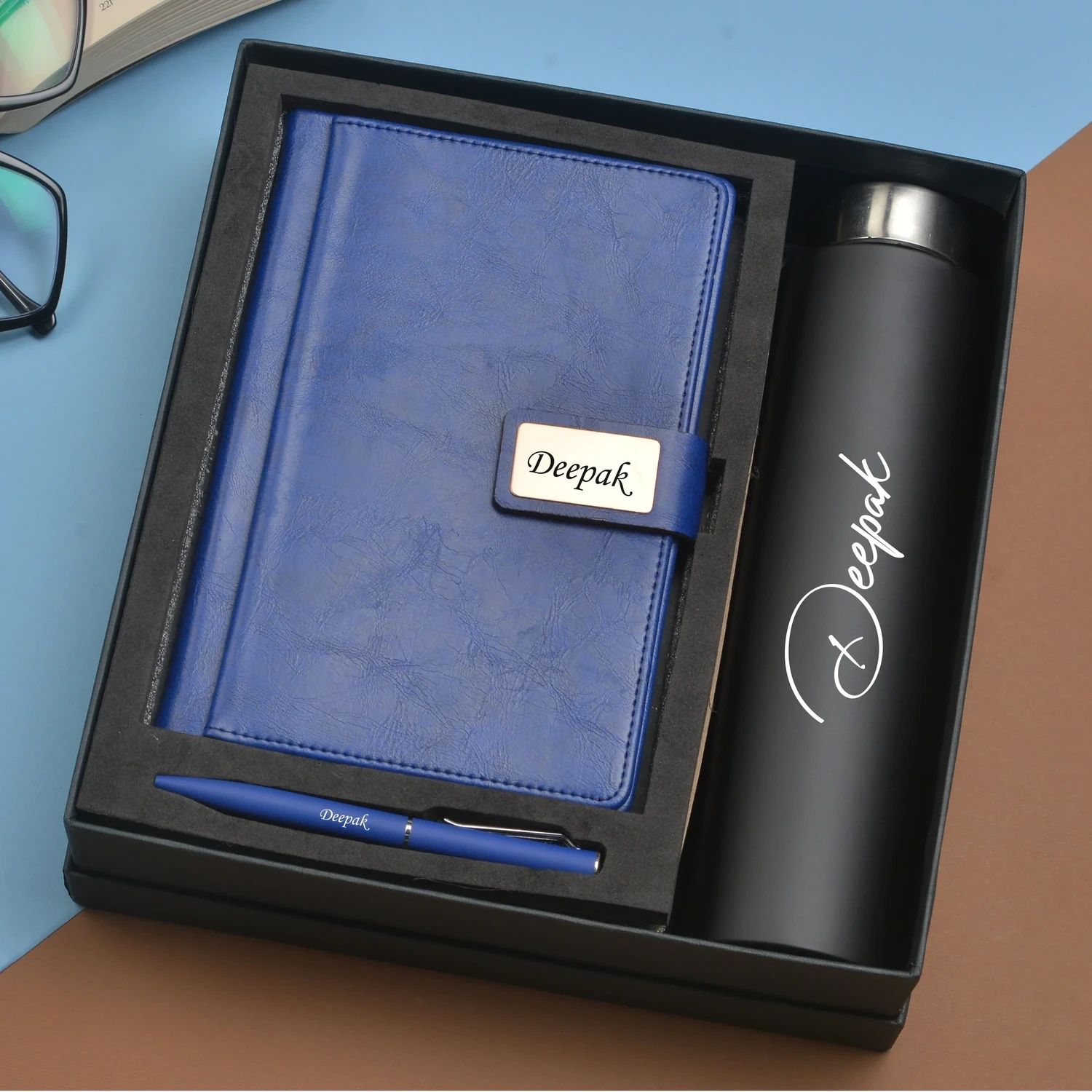 Blue Customised Diary, Bottle & Pen Combo