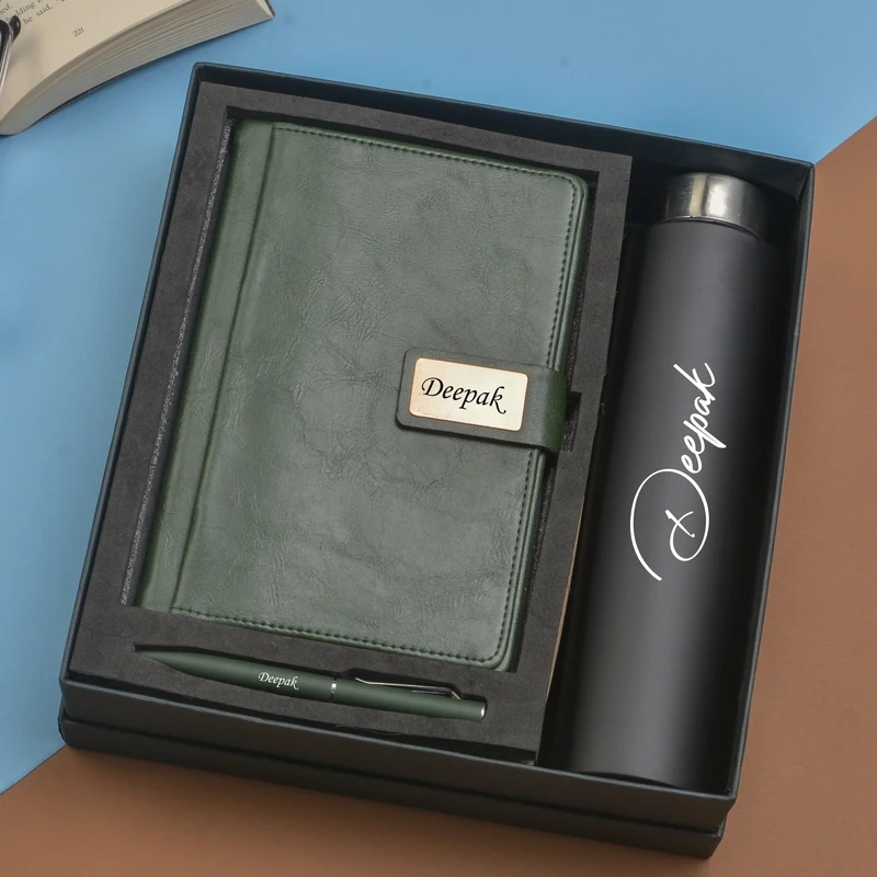 Green Customised Diary, Bottle &amp; Pen Combo