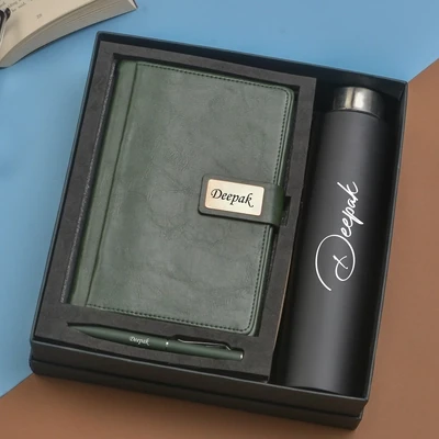 Green Customised Diary, Bottle & Pen Combo
