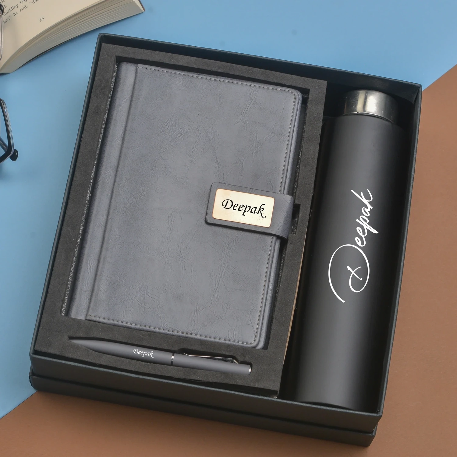 Grey Customised Diary, Bottle & Pen Combo