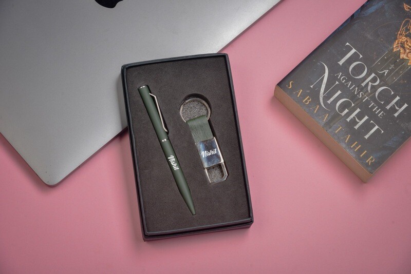 Olive Green Customised Pen &amp; Keychain Combo