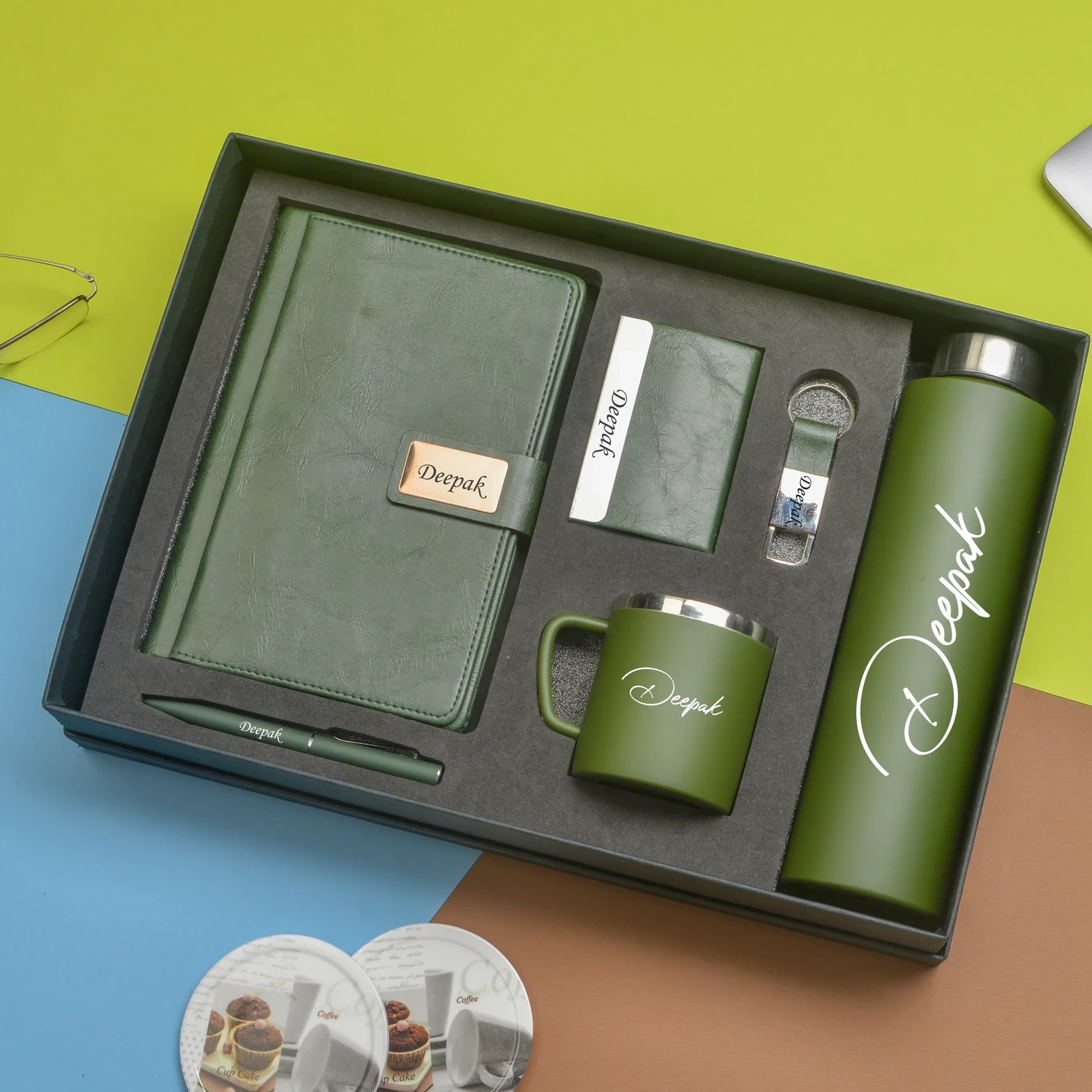 Green Corporate 6pc combo ( Diary, Bottle, Mug, Cardholder, Pen & Keychain)