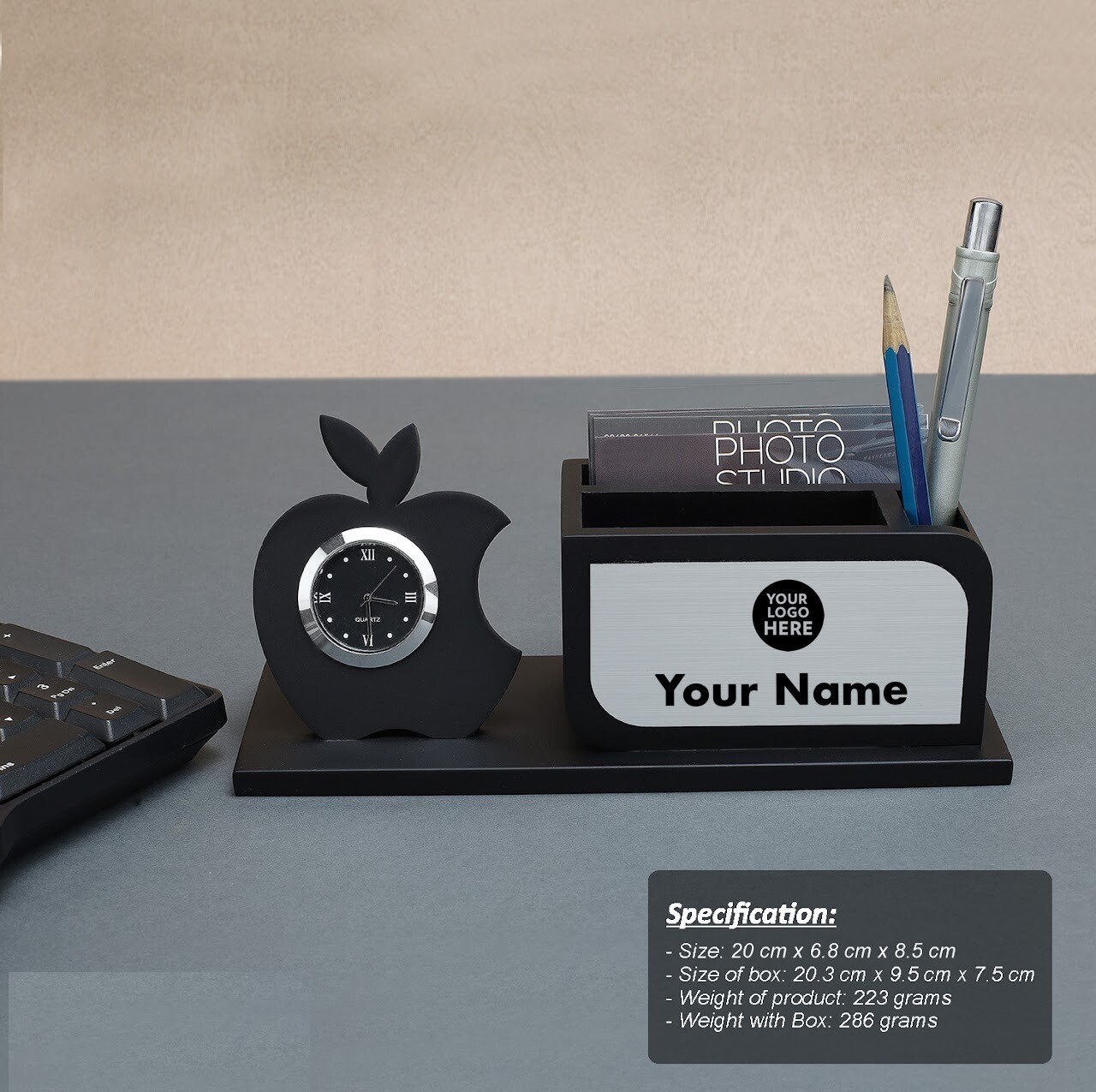 Personalised Apple Shape Desk Organiser with Clock and Card holders