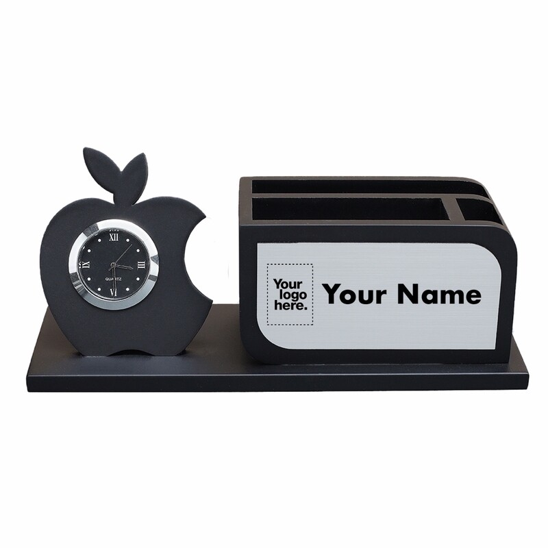 Personalised Apple Shape Desk Organiser with Clock and Card holders