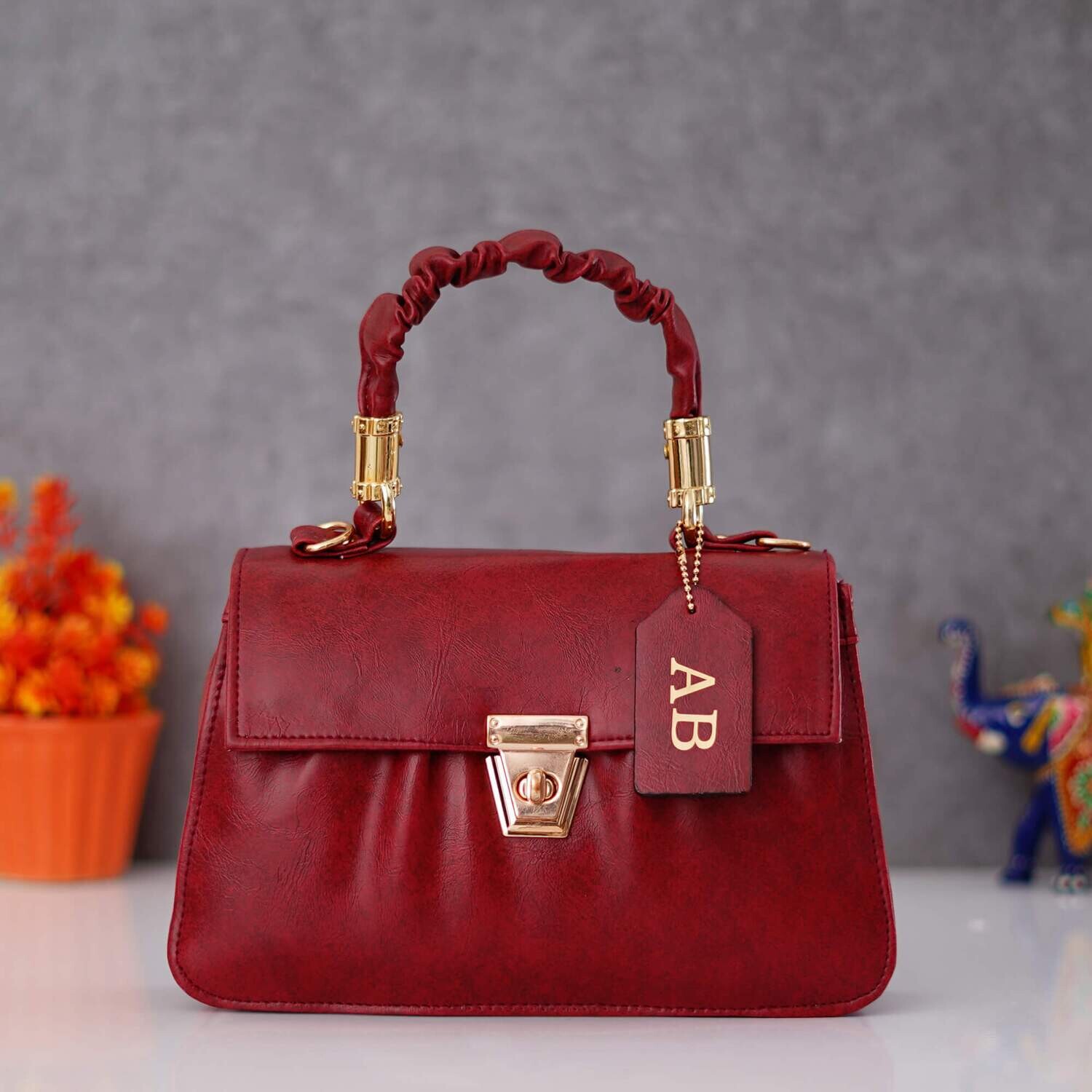Wine Red Customised Hand Bag (Imported Leather)