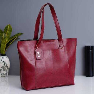 Wine Red Imported Leather Tote Bag - Personalised