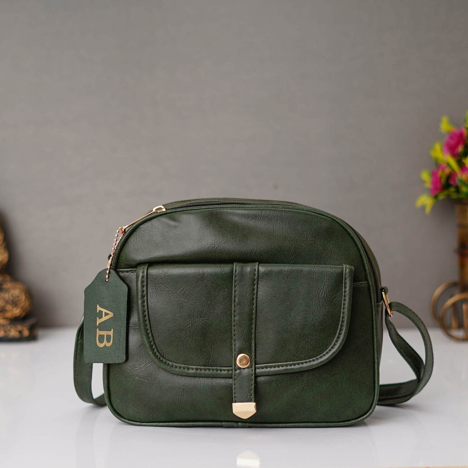 Green Customised Imported Leather Sling Bag