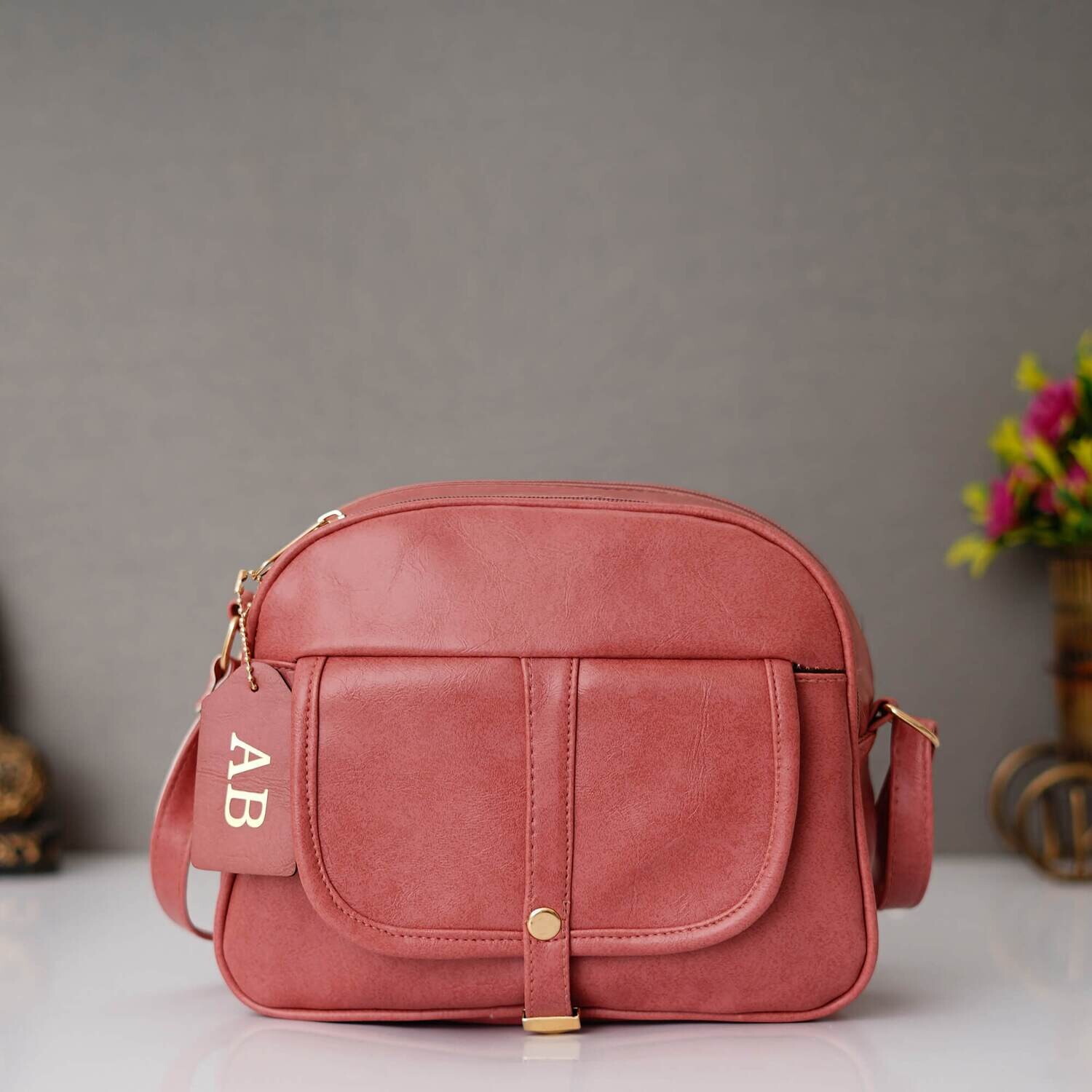 Pink Customised Imported Leather Sling Bag