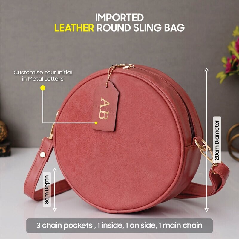 Pink Customised Round Sling Bag - Imported Leather