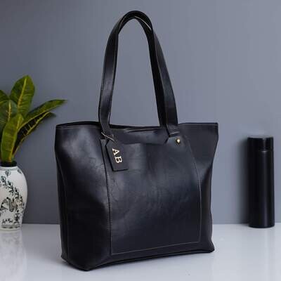 Black Imported Leather Tote Bag - Personalised