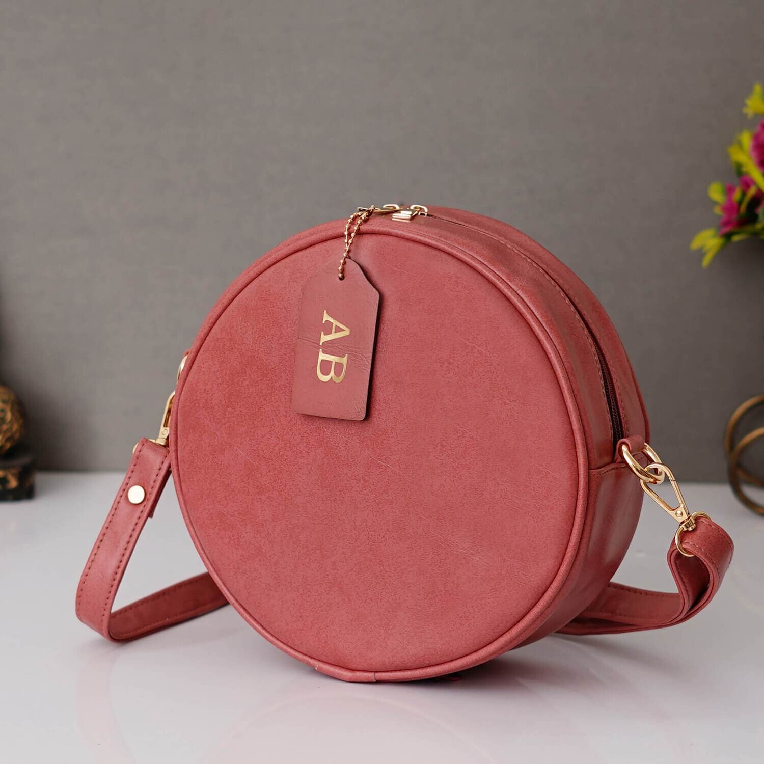 Pink Customised Round Sling Bag - Imported Leather