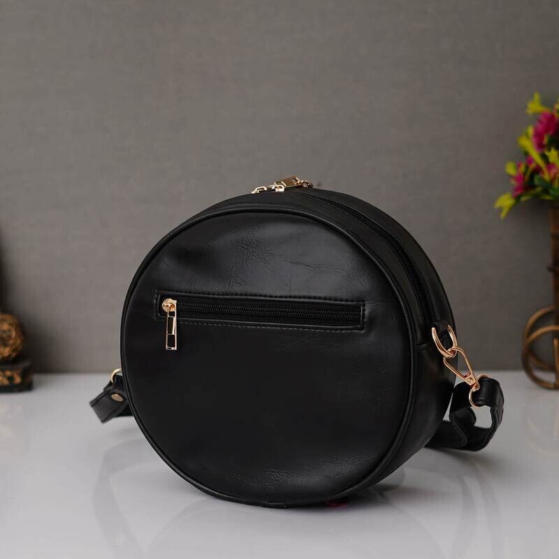 Black Customised Round Sling Bag - Imported Leather
